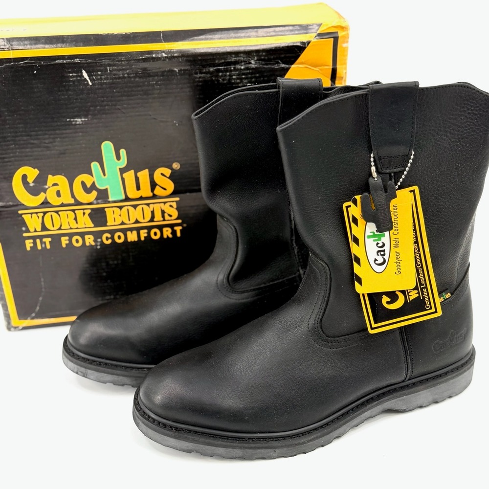 Cactus Work Boots Mens 12 Black New Leather Goodyear Welt Pull On 1083